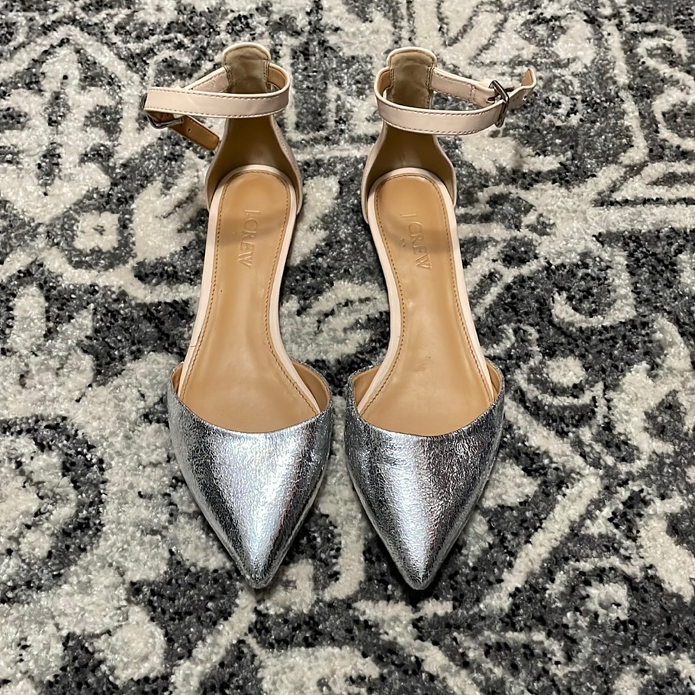 J.Crew silver and tan ankle-strap flats